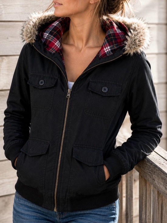 Mossimo Supply Co. Jackets & Blazers - Mossimo Supply Co Black Faux Fur Hood Plaid Lined Utility Bomber Jacket Medium